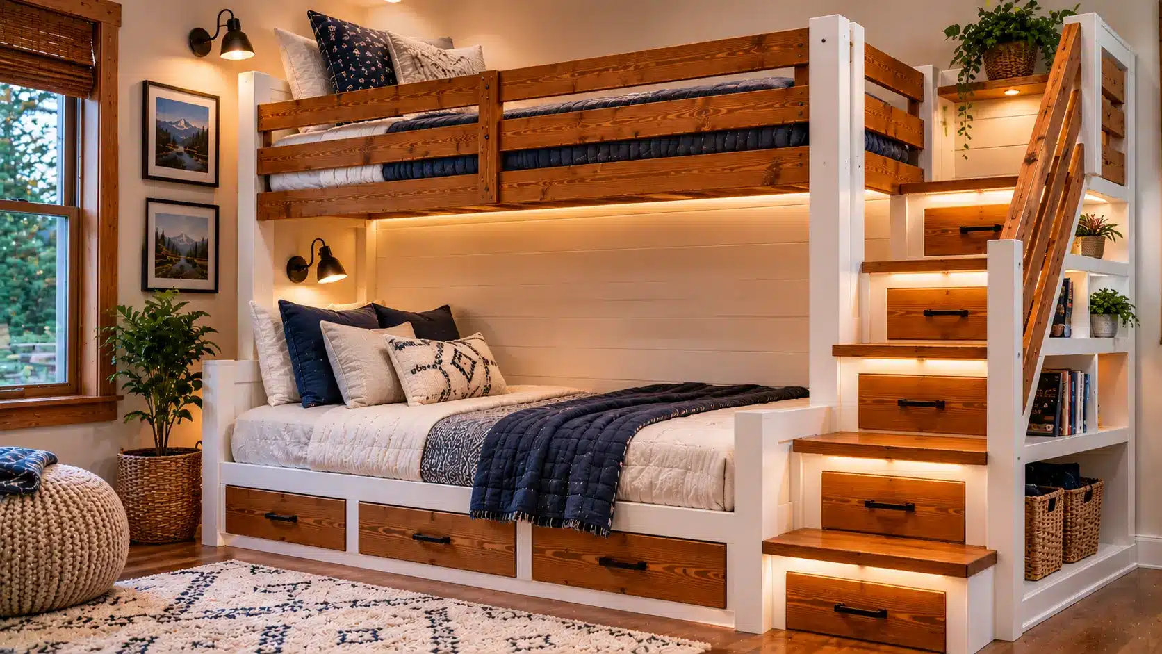 Modern DIY bunk bed with two-tone finish and LED lighting