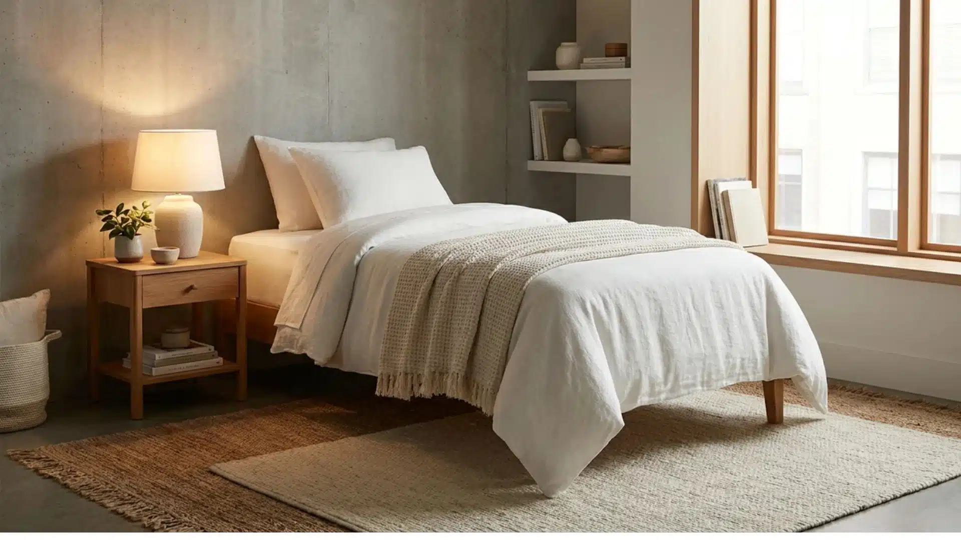 Modern small bedroom with a twin bed, white bedding, wooden nightstand, warm light, and cozy layout. (2)