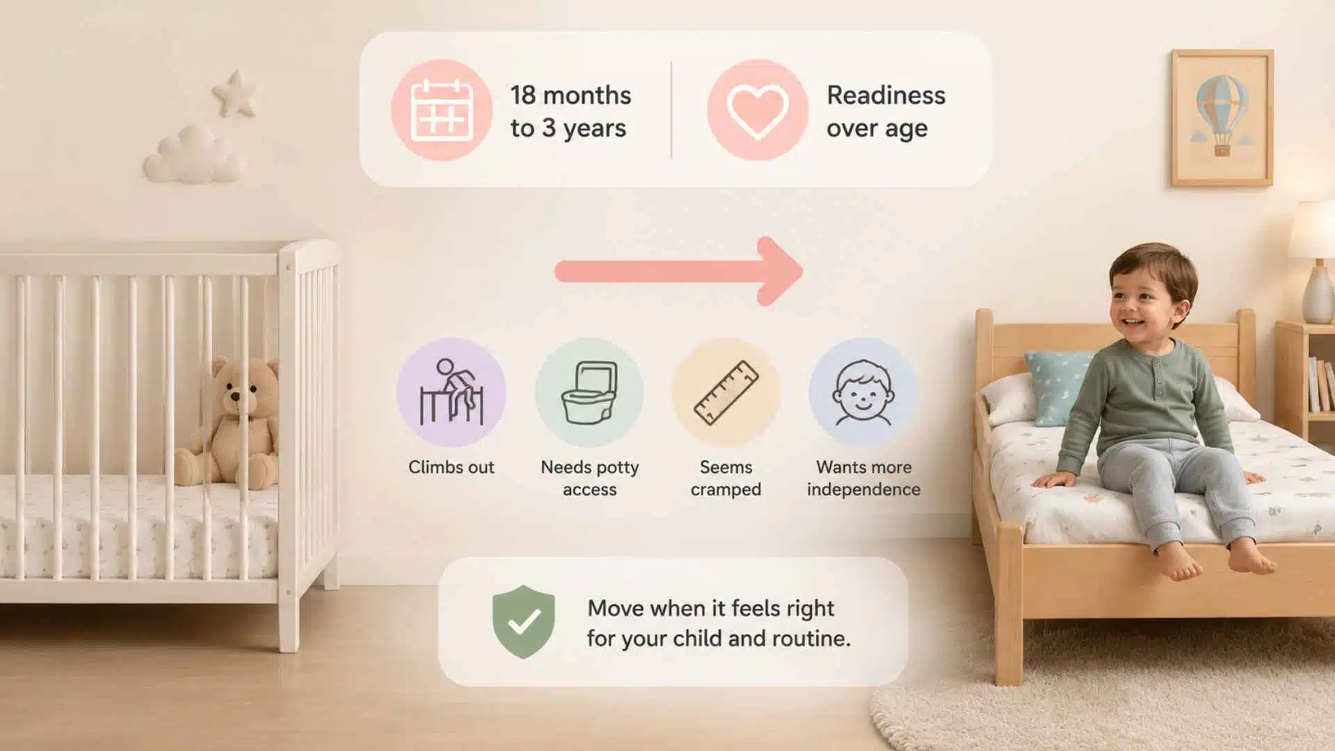 Nursery infographic showing child transitioning from crib to toddler bed with milestone icons for climbing out, potty access, cramped space, and independence.