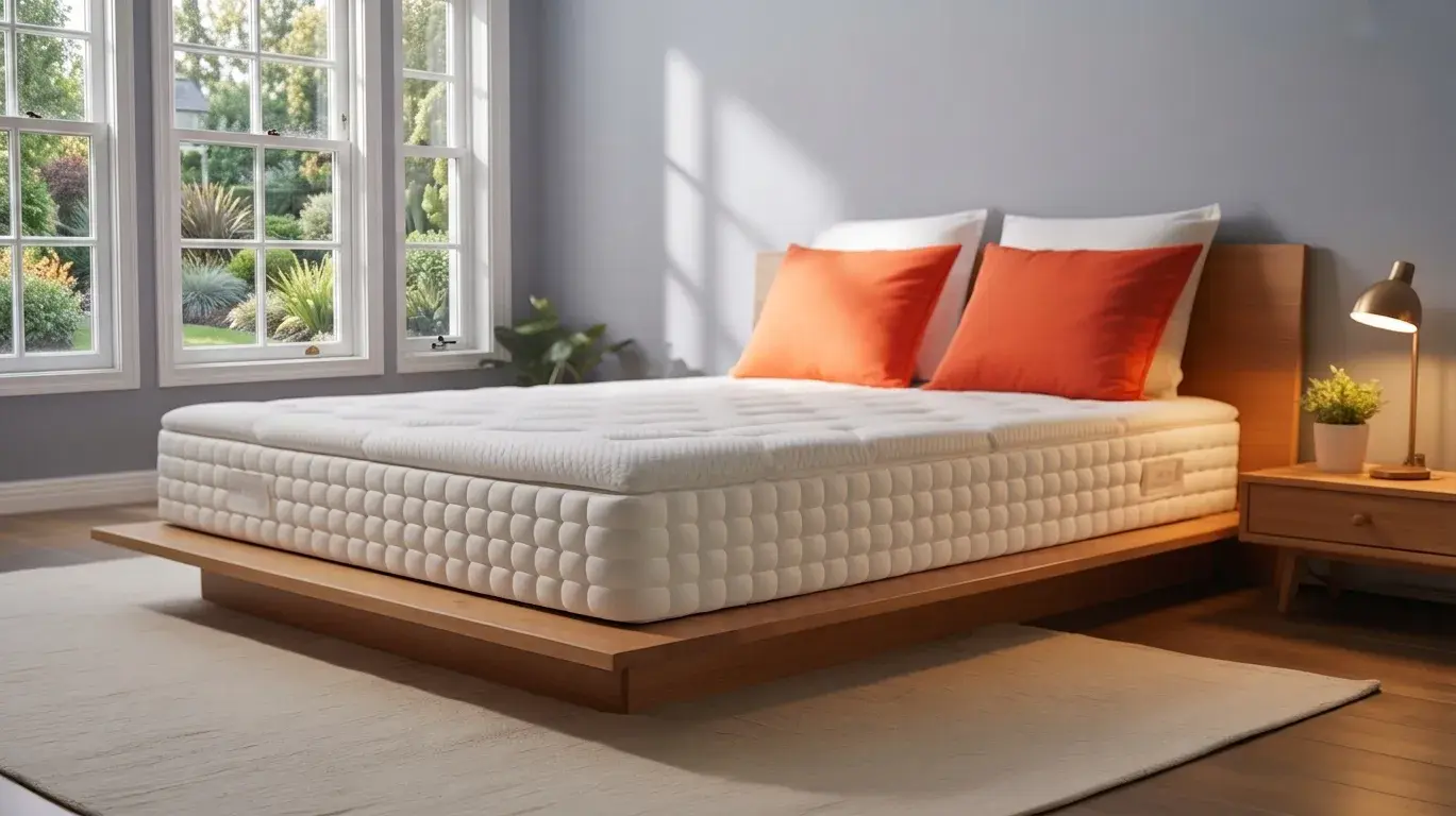 Nectar Classic Queen mattress on platform bed with neutral bedding and orange pillows.