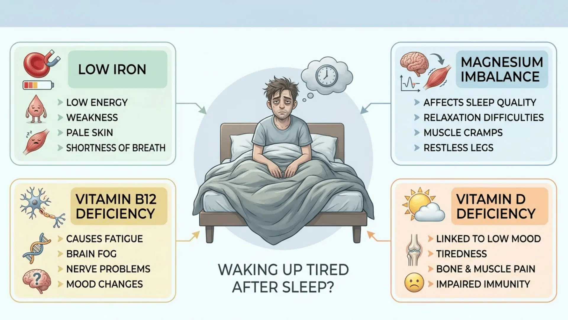 An infographic shows four nutrient deficiencies—iron, B12, magnesium, and D—linked to waking up tired.