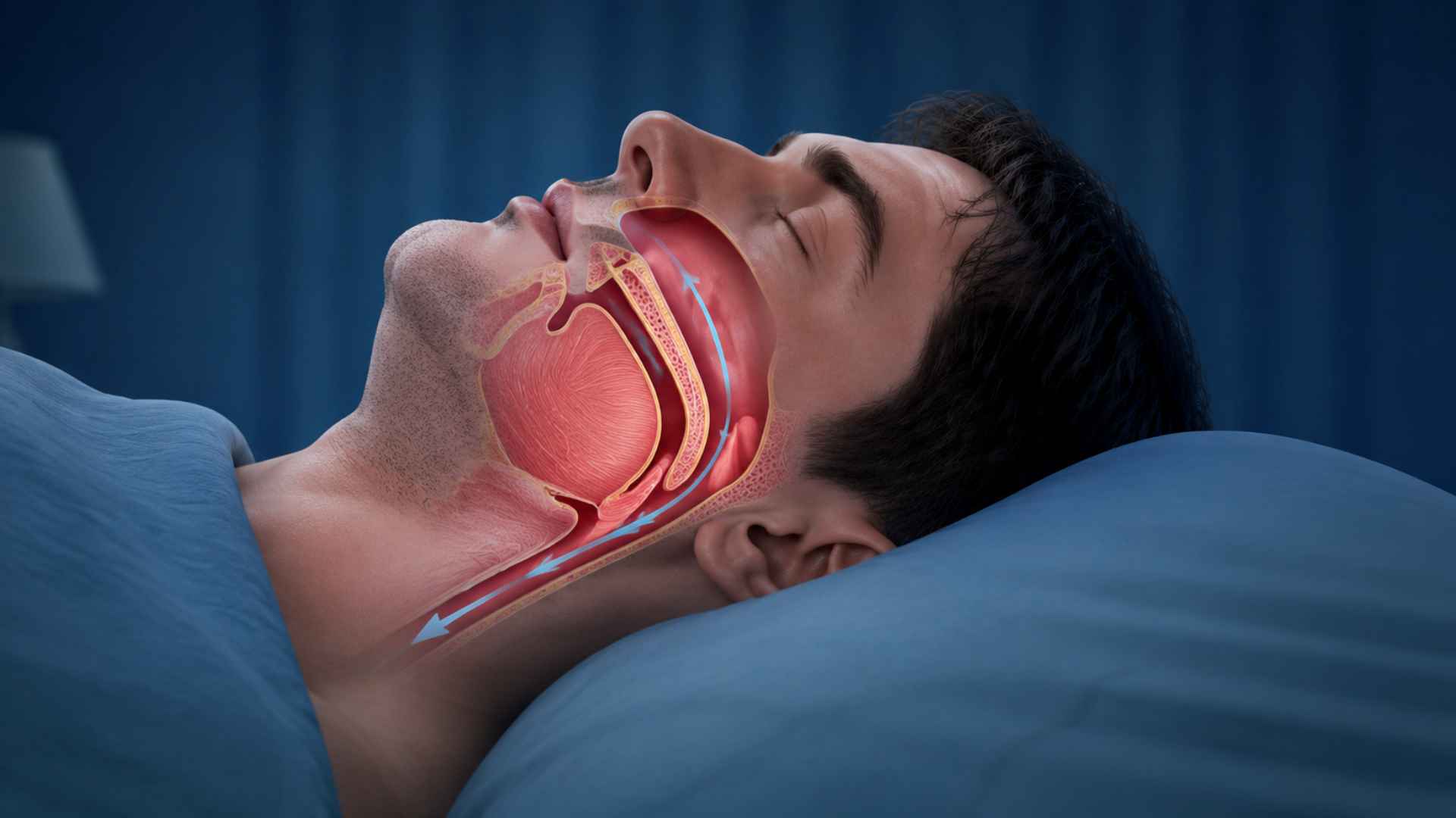 Man sleeping showing airway blockage causing apnea events