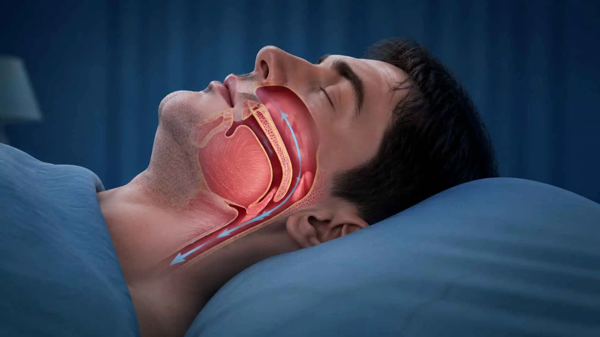 Man sleeping showing airway blockage causing apnea events