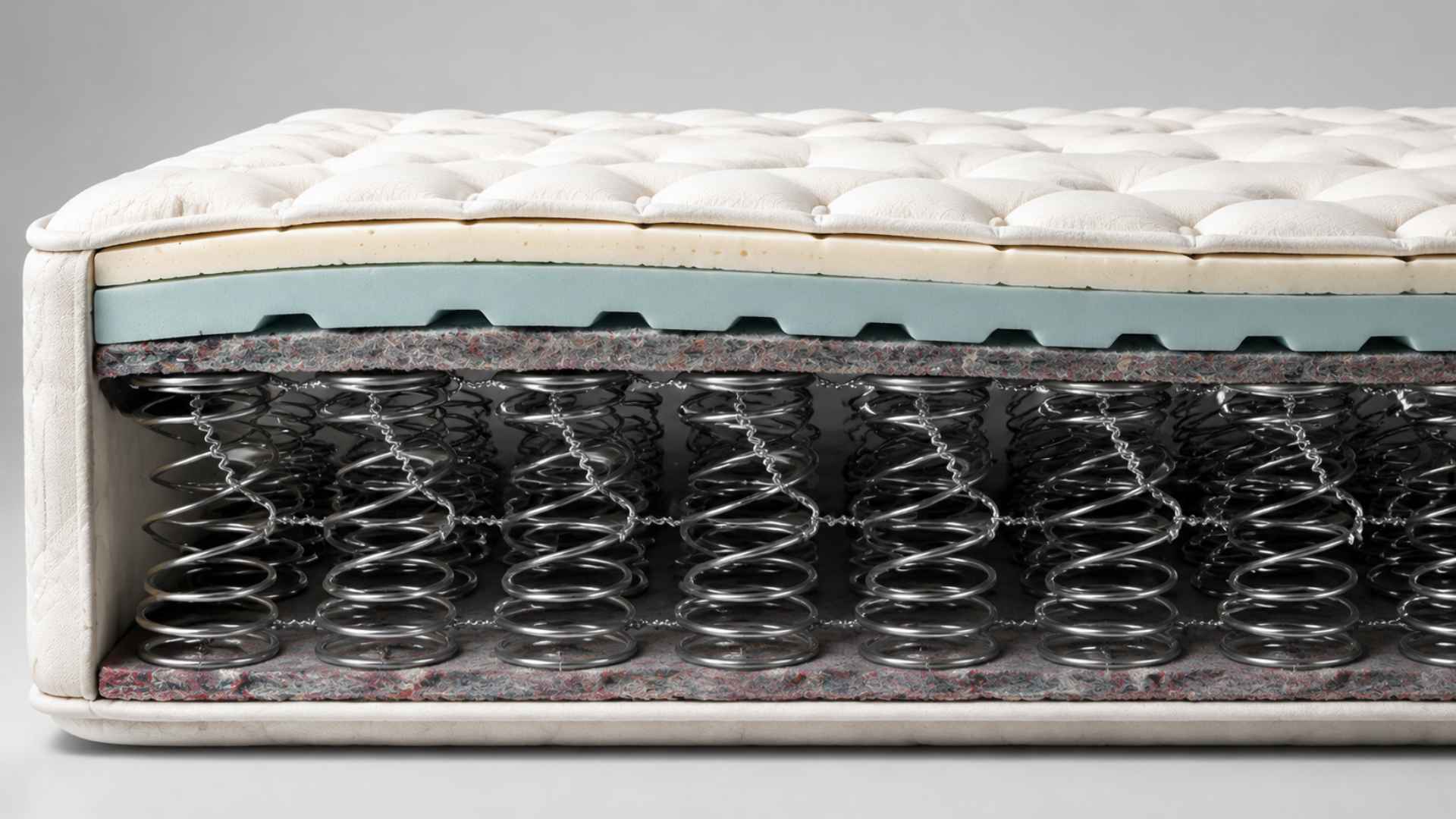 Cutaway mattress showing offset coils hinged structure