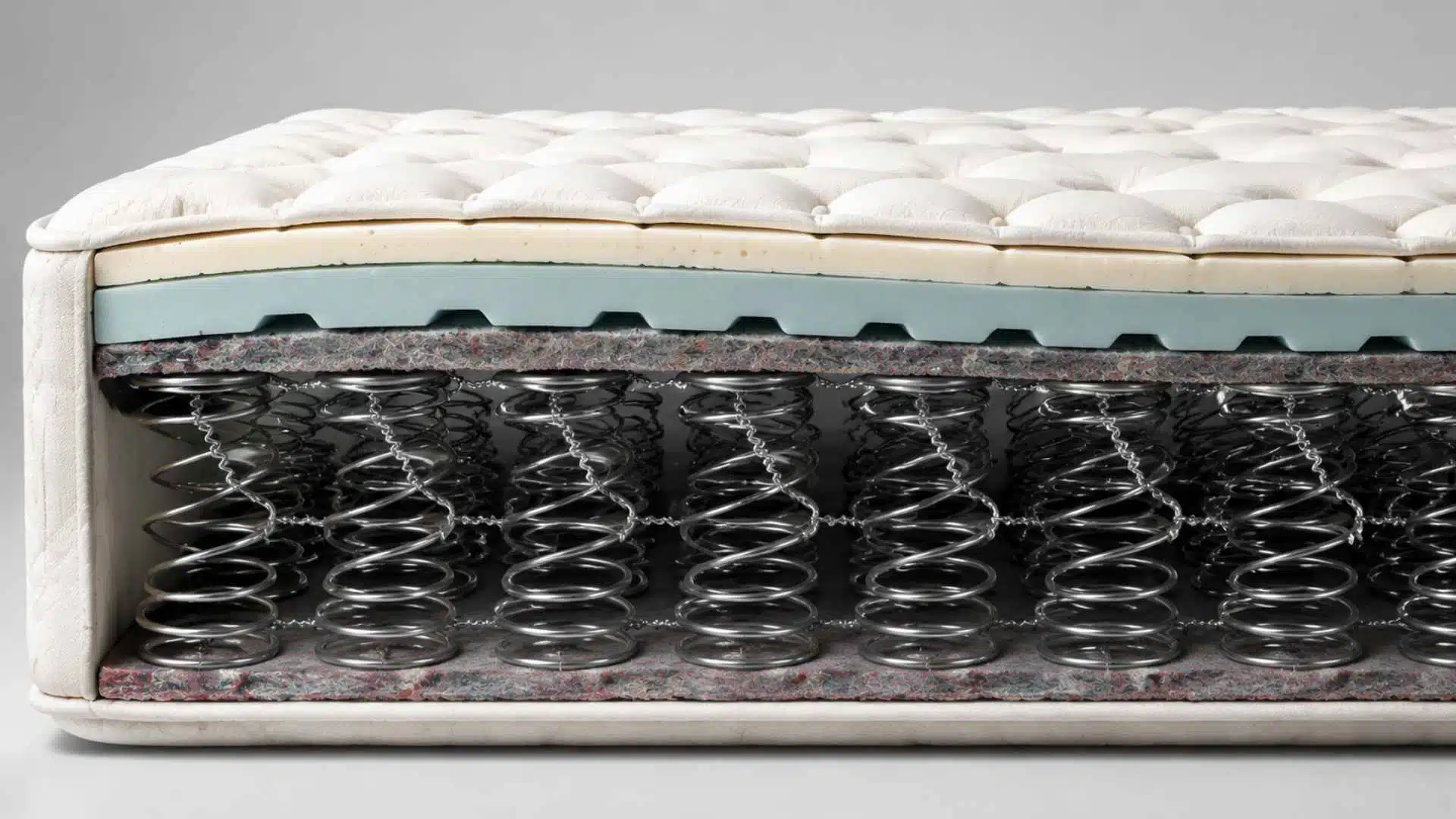 Cutaway mattress showing offset coils hinged structure