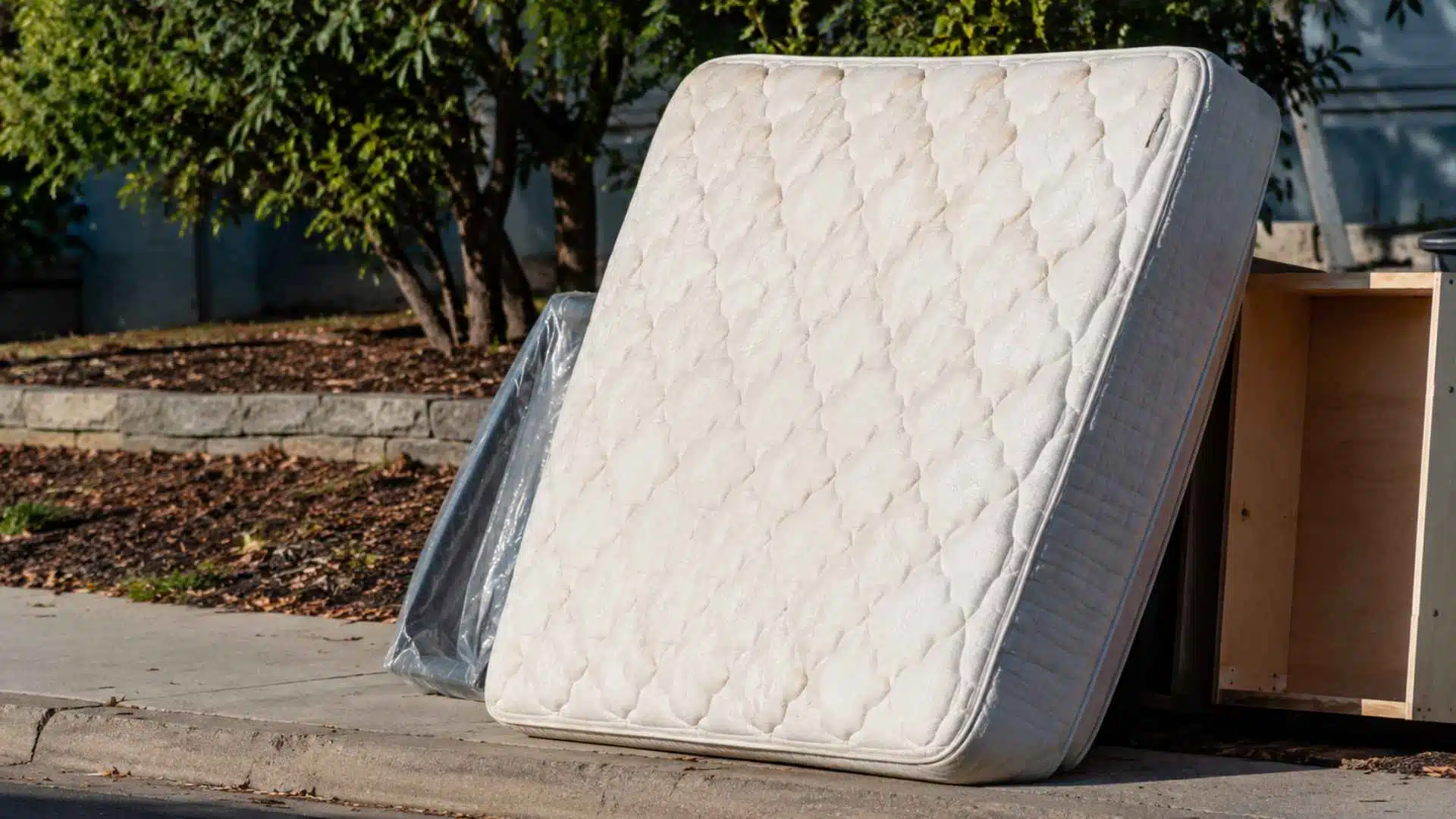 Old mattress placed on a residential curbside ready for disposal, pickup, recycling, or removal service.