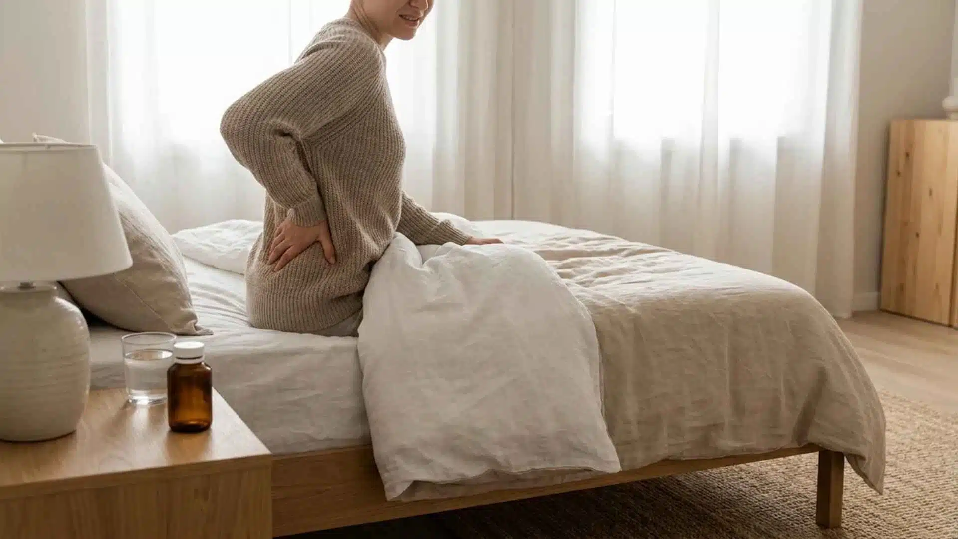 Woman sitting on bed holding lower back, showing discomfort in lumbar area in a softly lit bedroom