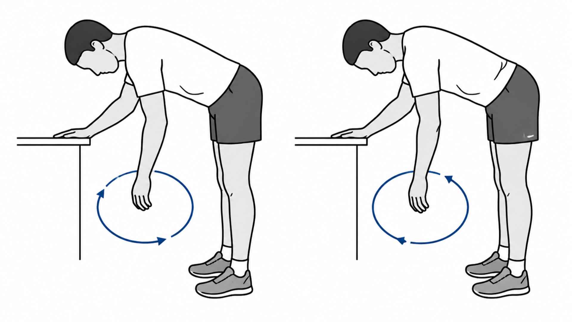 Illustration of a man doing pendulum shoulder swings, bent over, hand supported on table.