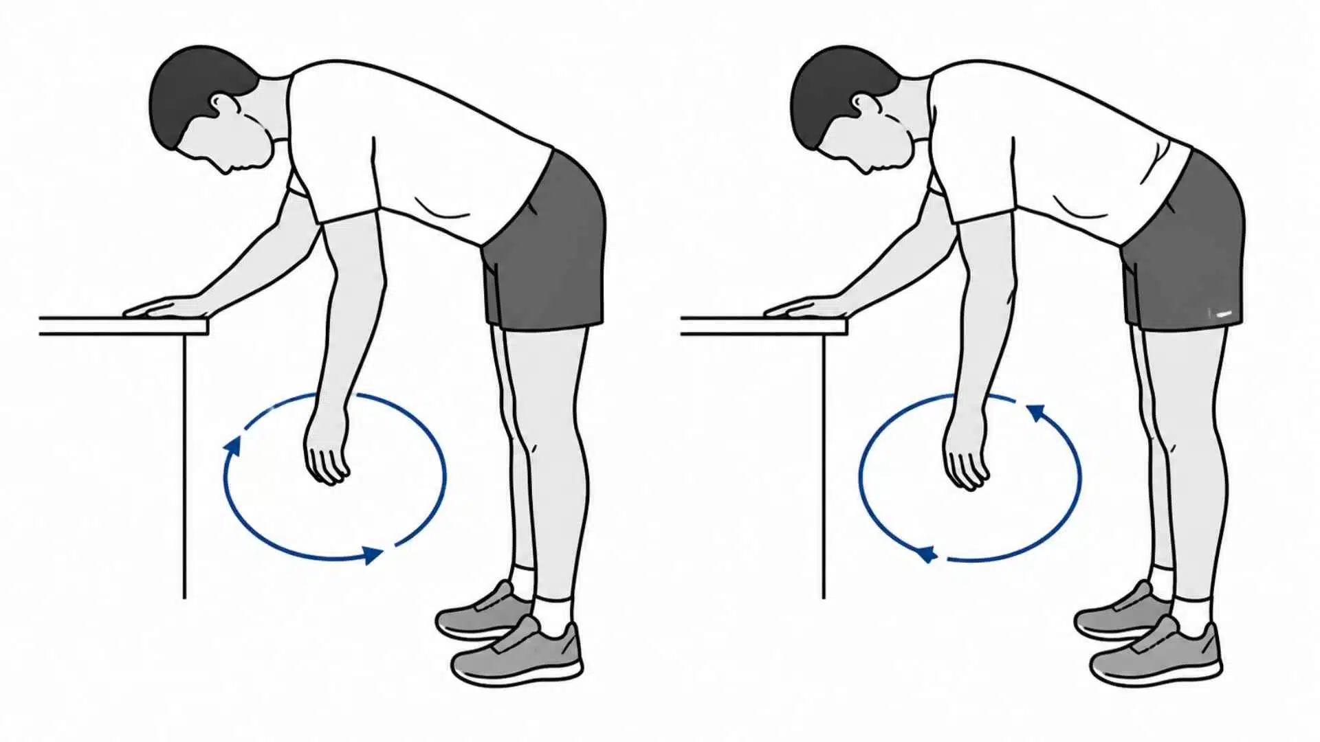 Illustration of a man doing pendulum shoulder swings, bent over, hand supported on table.