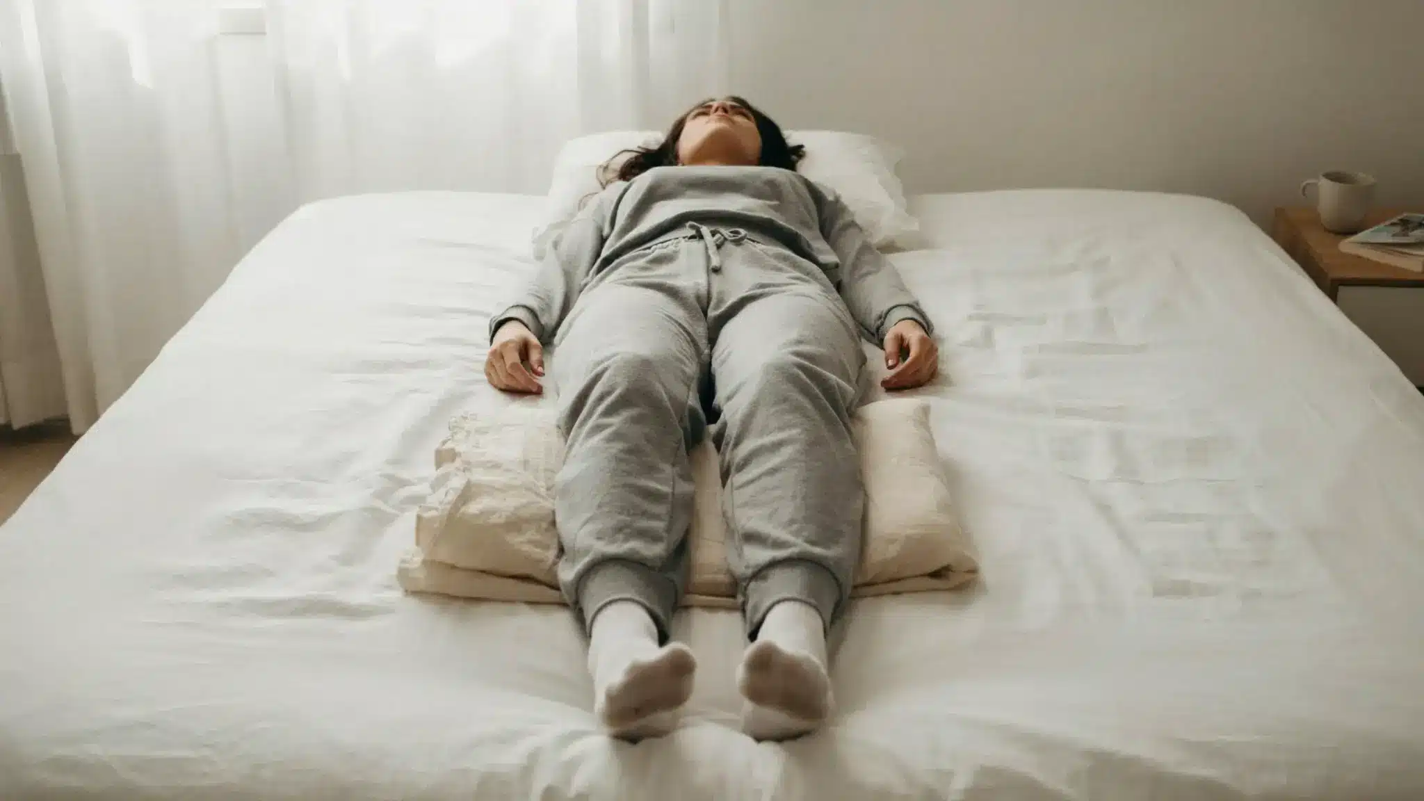 Person lying on their back with a pillow under the knees to support neutral pelvic alignment and reduce pressure on the SI joint during sleep