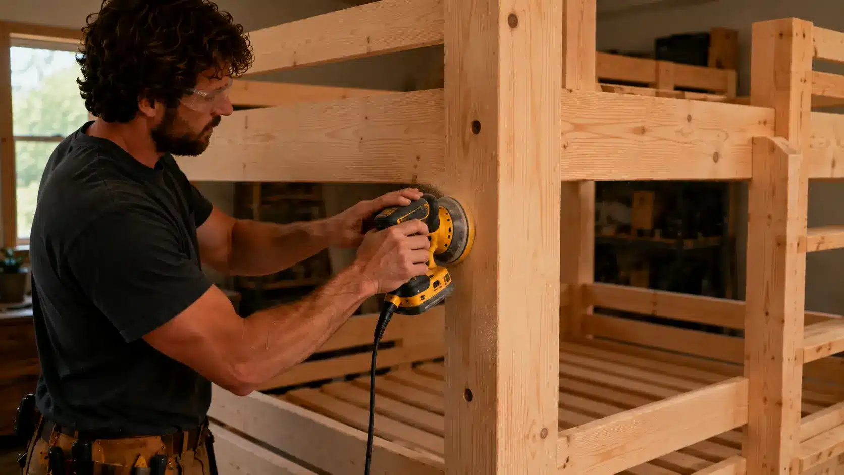 Person sanding rough edges on a DIY wooden bunk bed