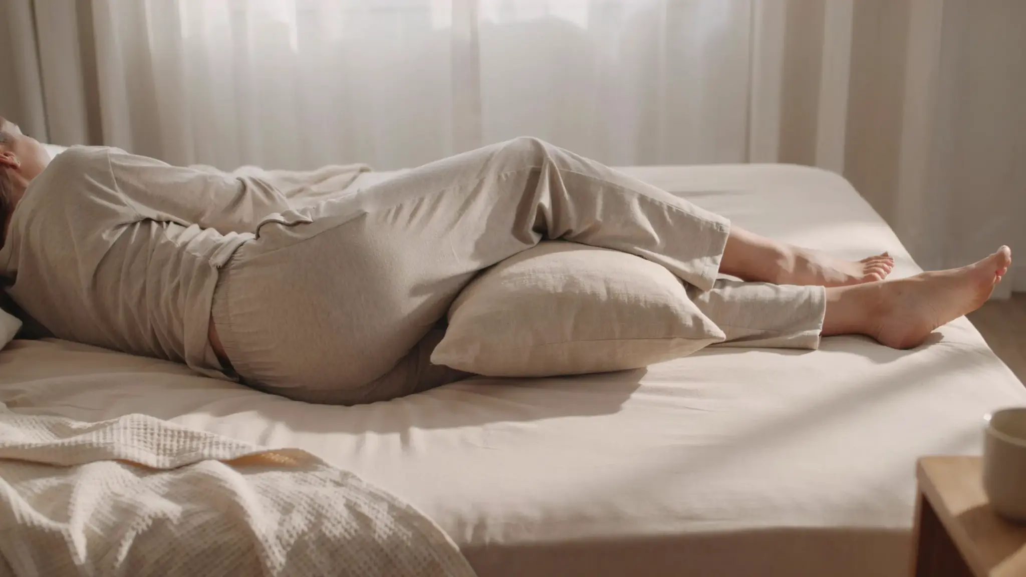 Person sleeping on side with knee pillow for SI joint pain relief. (1)