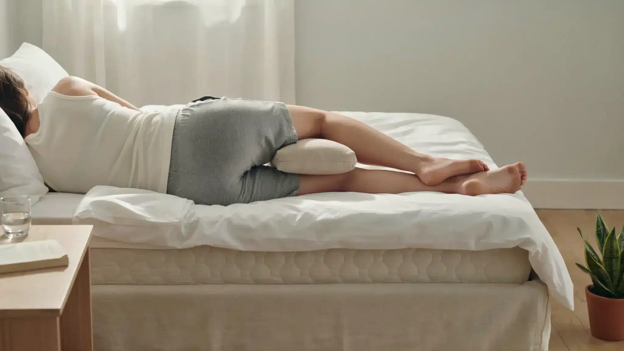 Person sleeping on their side with a pillow between knees to maintain hip alignment and reduce SI joint strain.