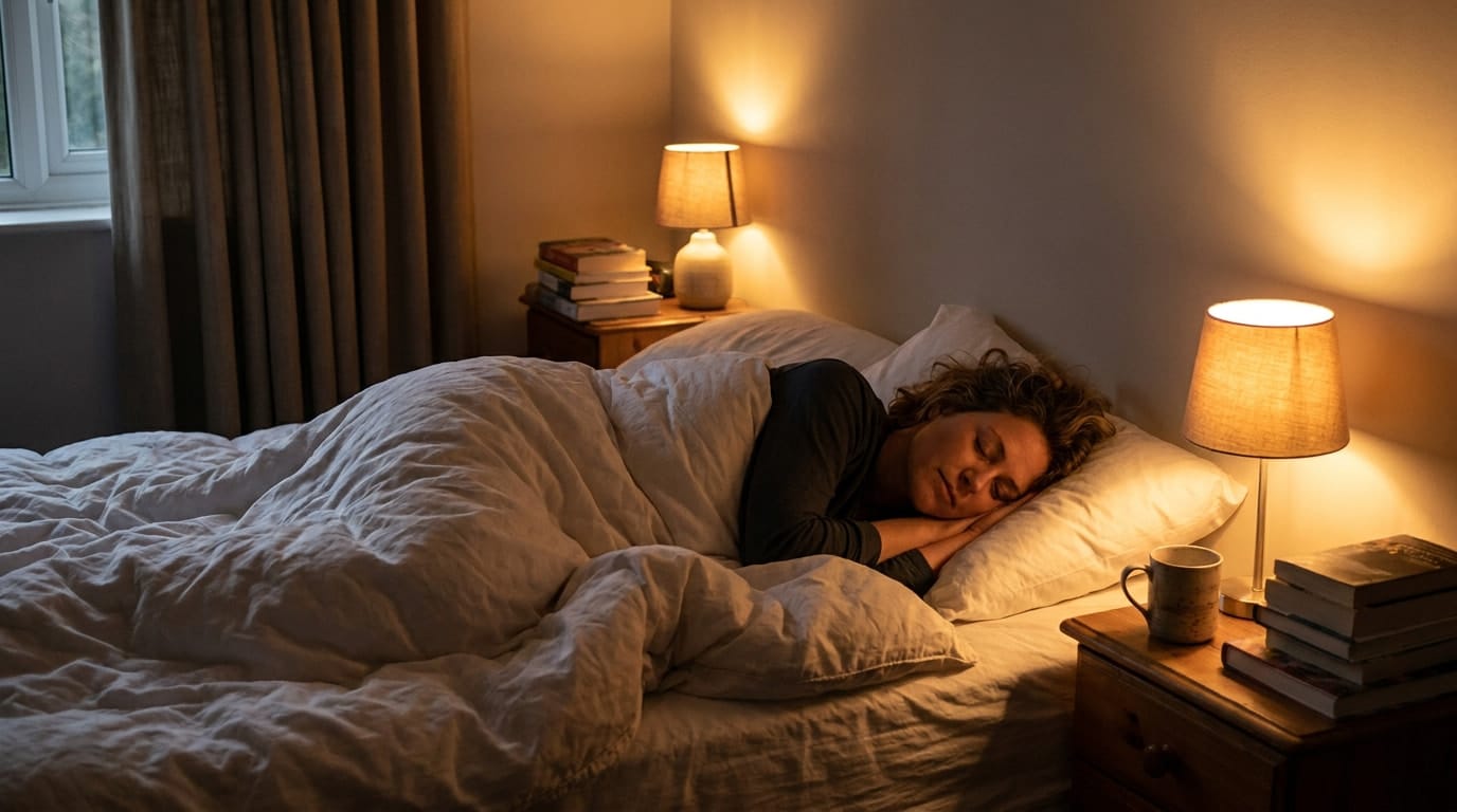Person sleeping peacefully in bed with soft lighting, promoting a restful sleep environment.