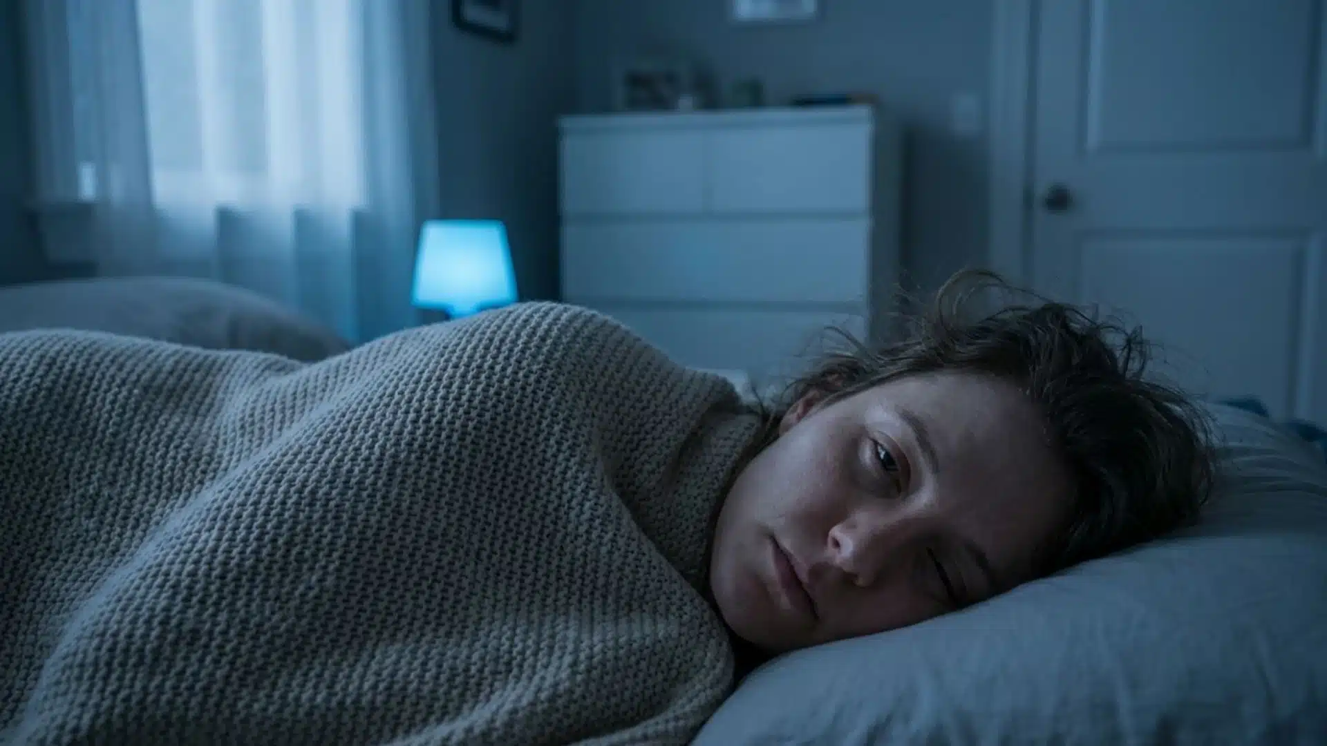 Person sleeping with eyes open in a dark bedroom showing a common sign of sleeping with eyes open at night.