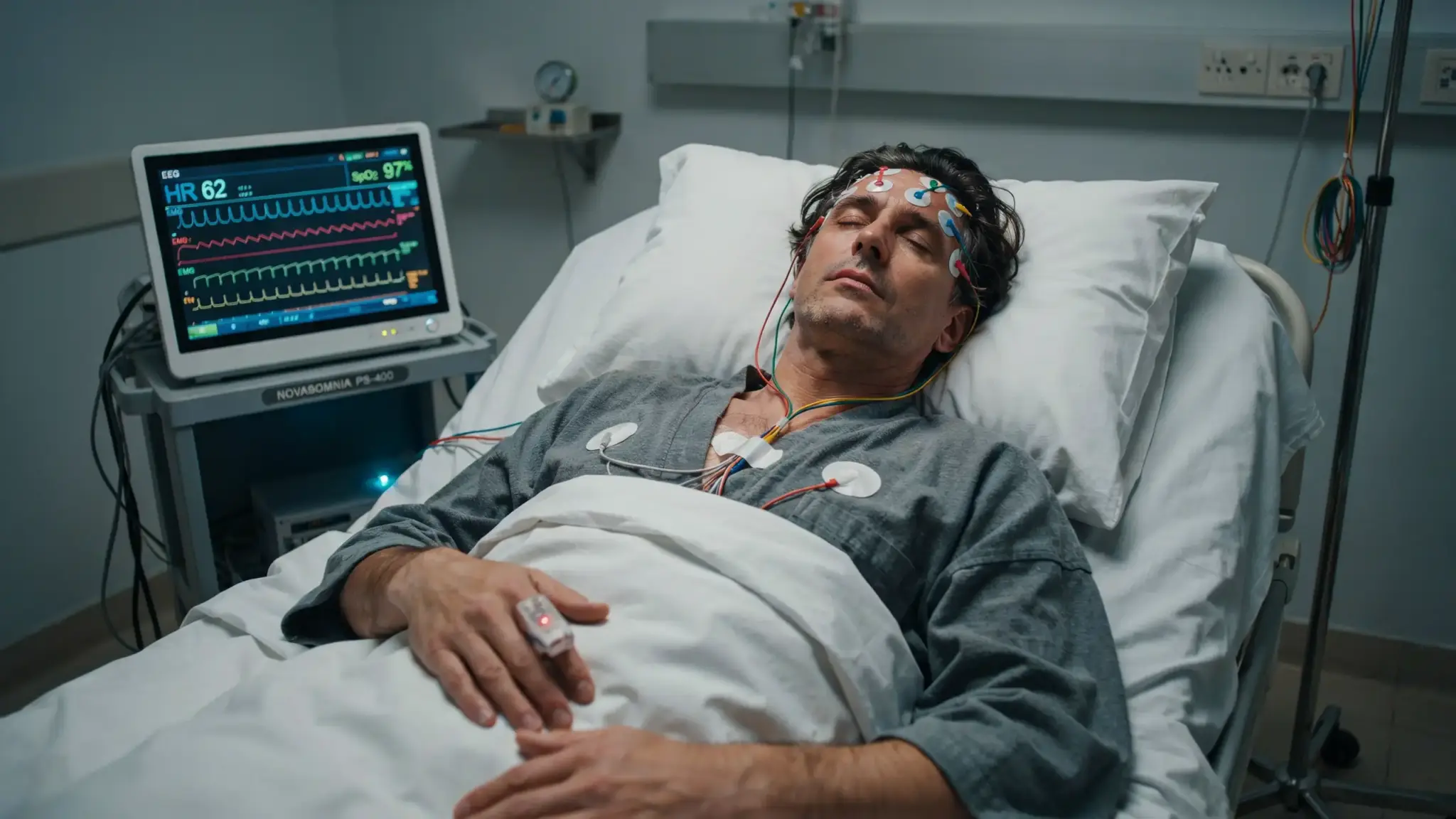 Patient undergoing polysomnography  in hospital bed with monitoring equipment to diagnose sleep apnea and breathing disorders.