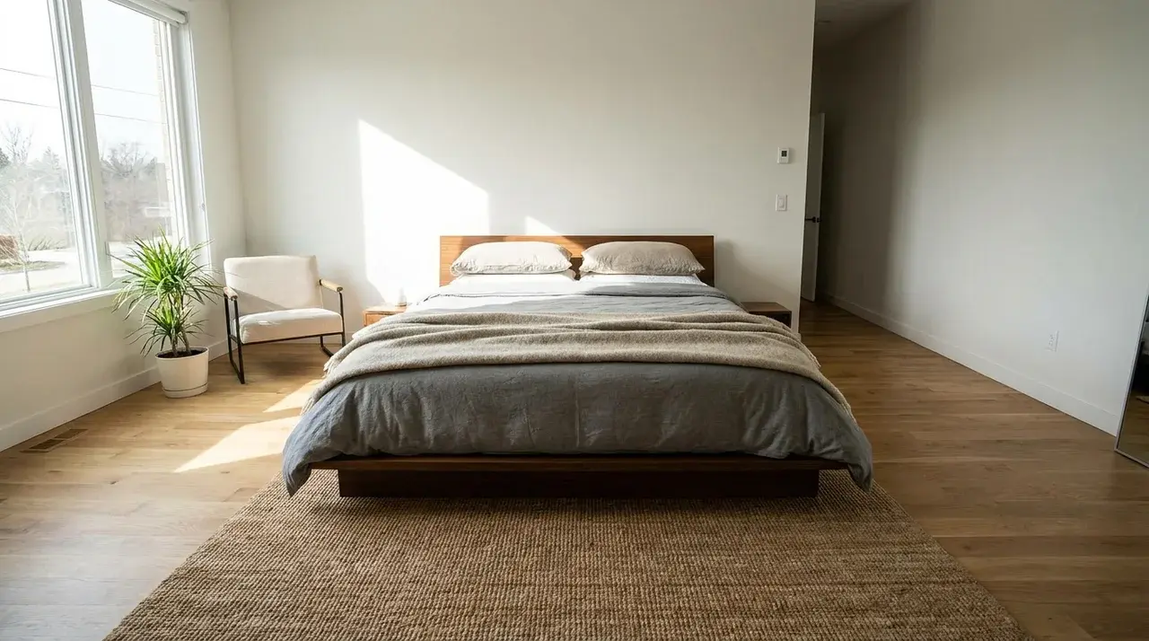 Queen mattress in a bright minimalist bedroom with soft gray bedding and warm sunlight