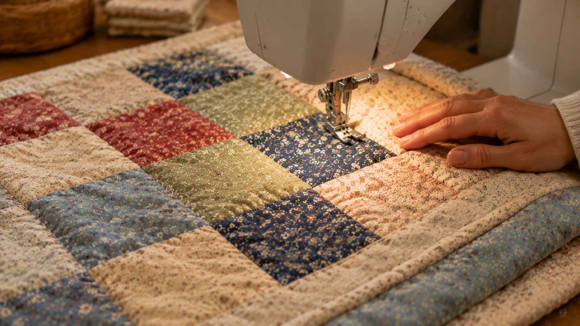 Quilting layers stitched under sewing machine needle
