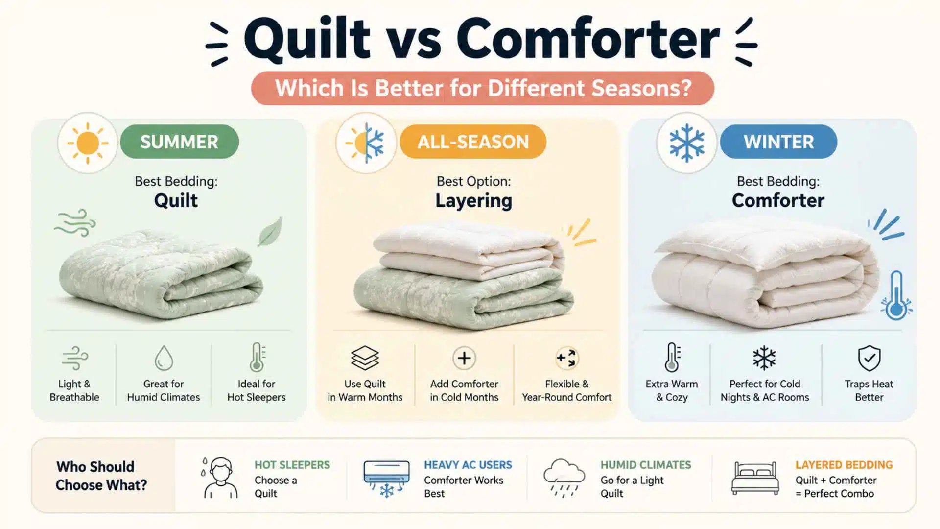 Quilt vs Comforter infographic: quilt for summer, comforter for winter, layering for all-season comfort based on sleep needs.
