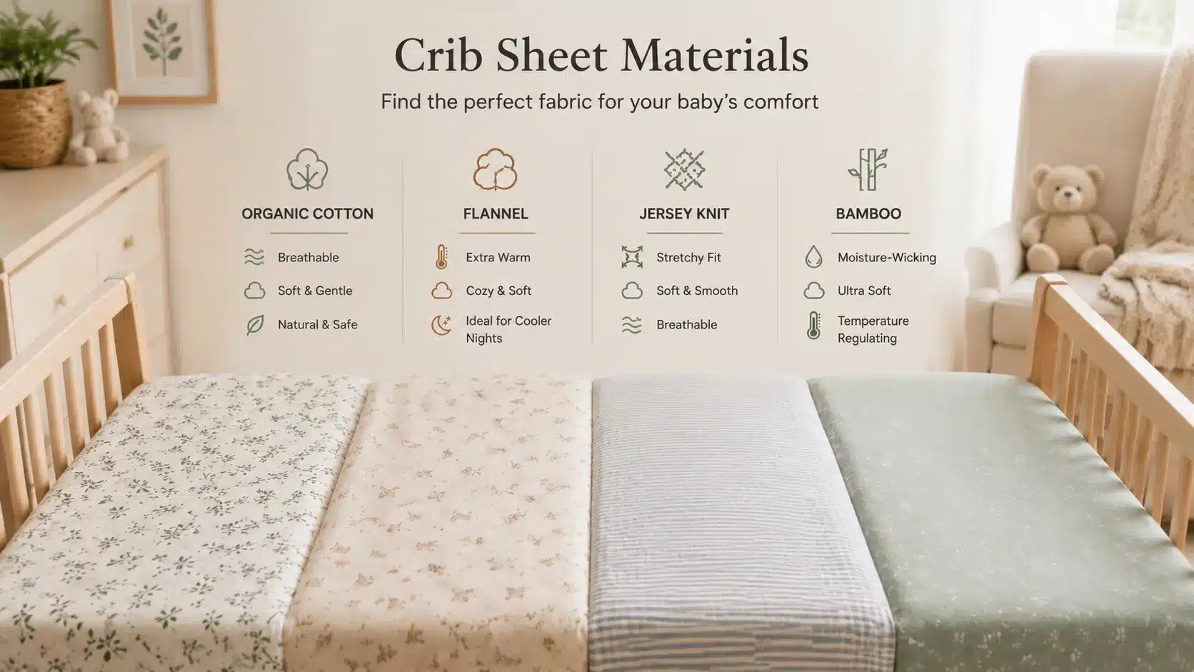 Realistic infographic comparing organic cotton, flannel, jersey knit, and bamboo crib sheets