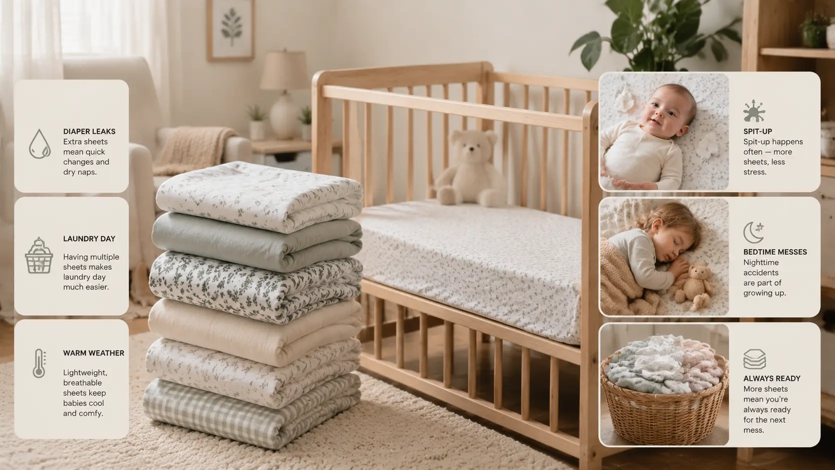 Realistic infographic of crib sheets, baby messes, and laundry needs in a nursery