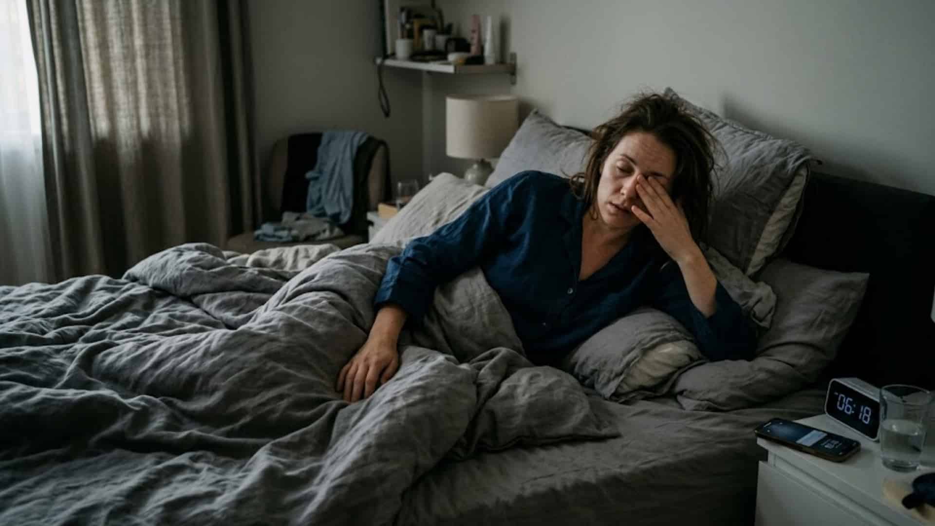 An exhausted woman rubs her eyes as she wakes up in bed, looking tired and unrefreshed in the morning light.