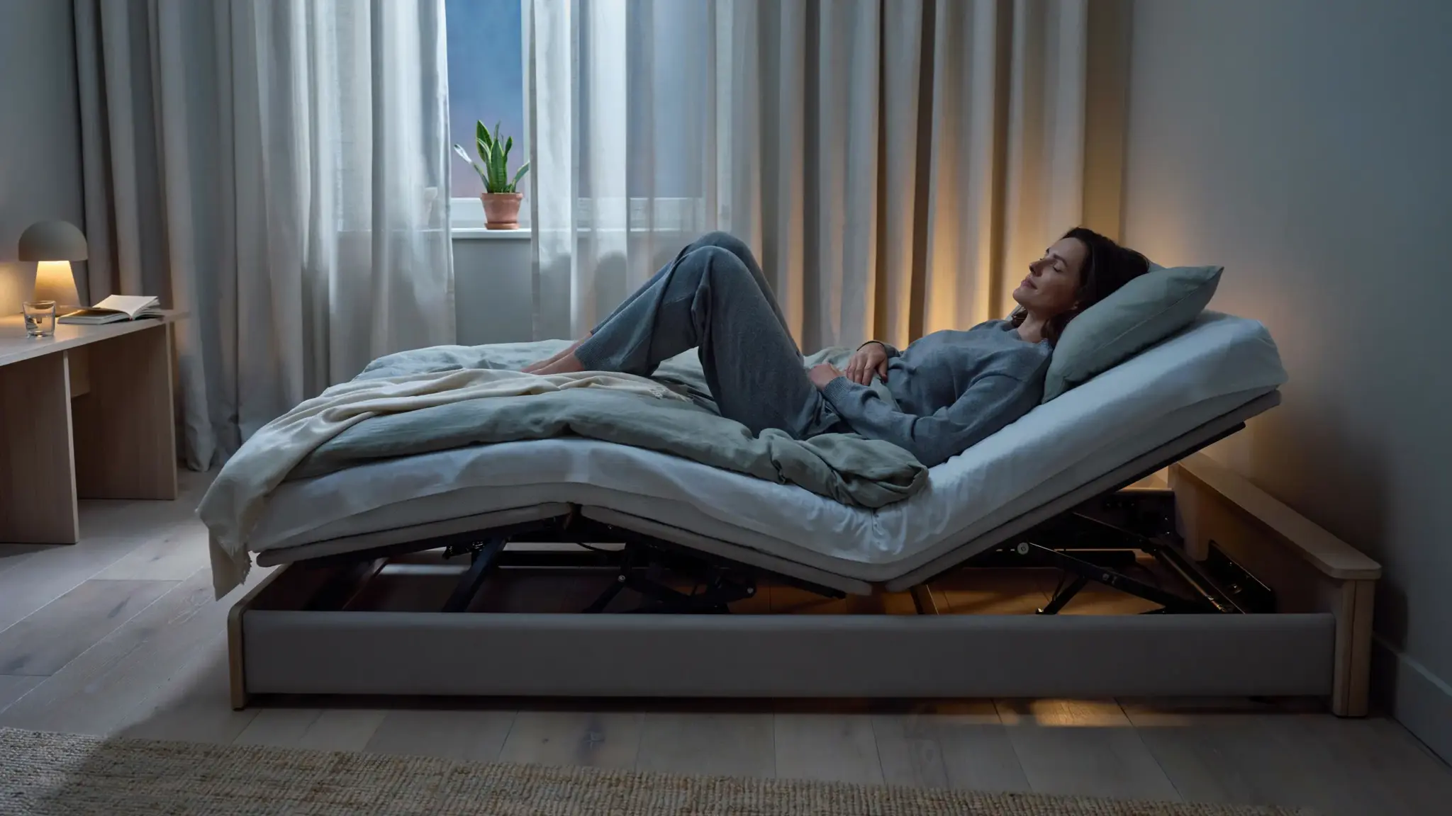 Person resting in adjustable bed at incline to reduce pressure on hips and IT band pain.