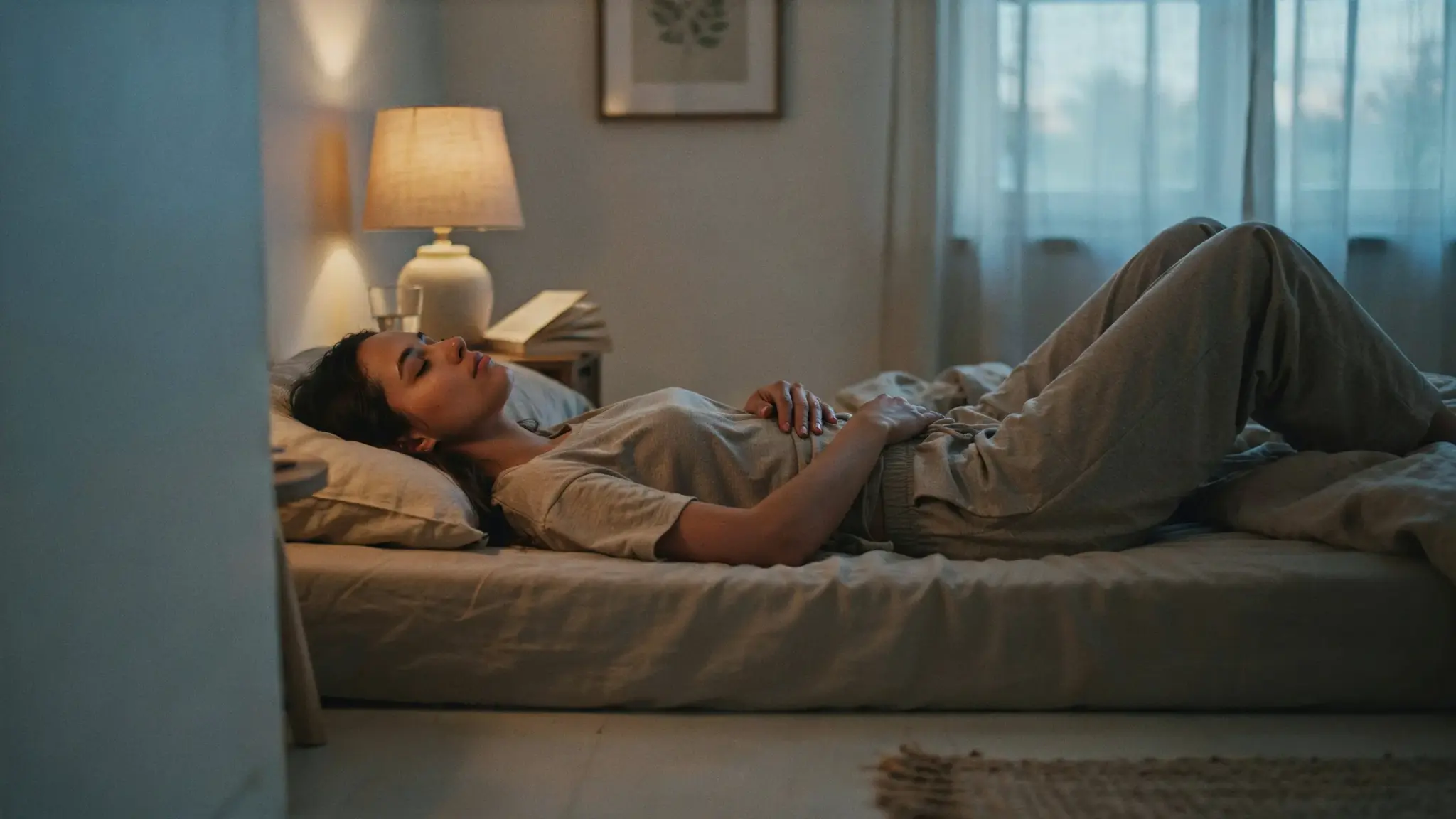 Person lying in bed practicing deep breathing to relax muscles and reduce nighttime IT band tension.