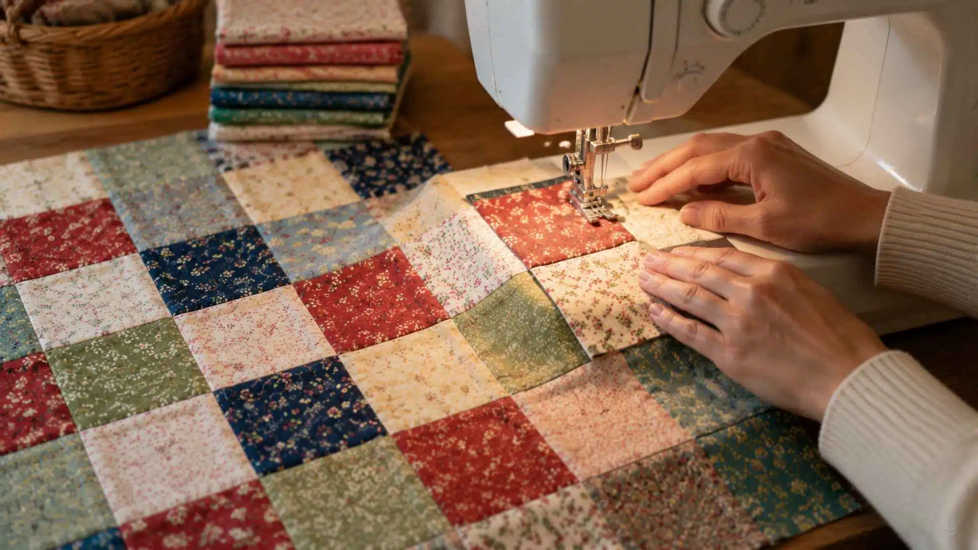 Sewing quilt squares on machine into rows