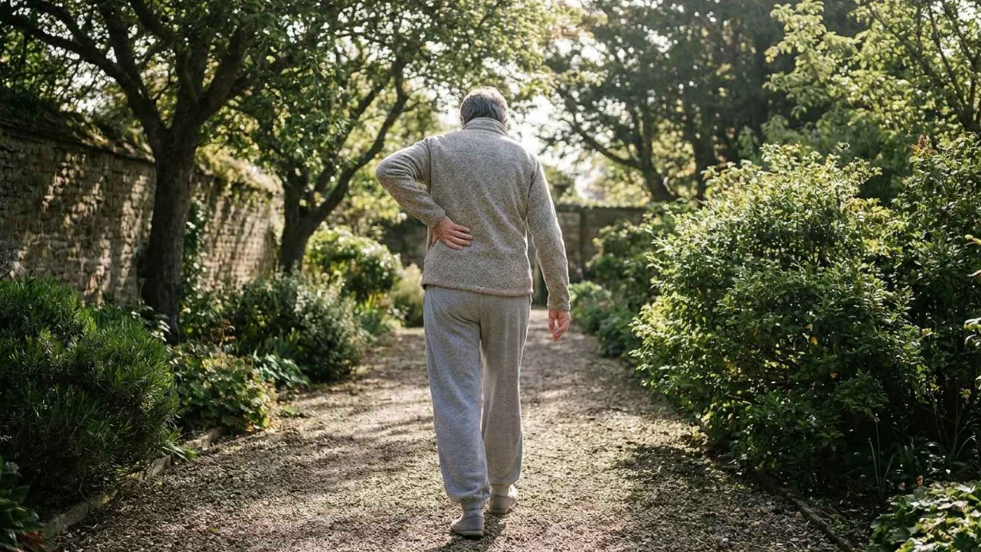 Older person walking outdoors holding lower back, indicating soreness and discomfort in lumbar area