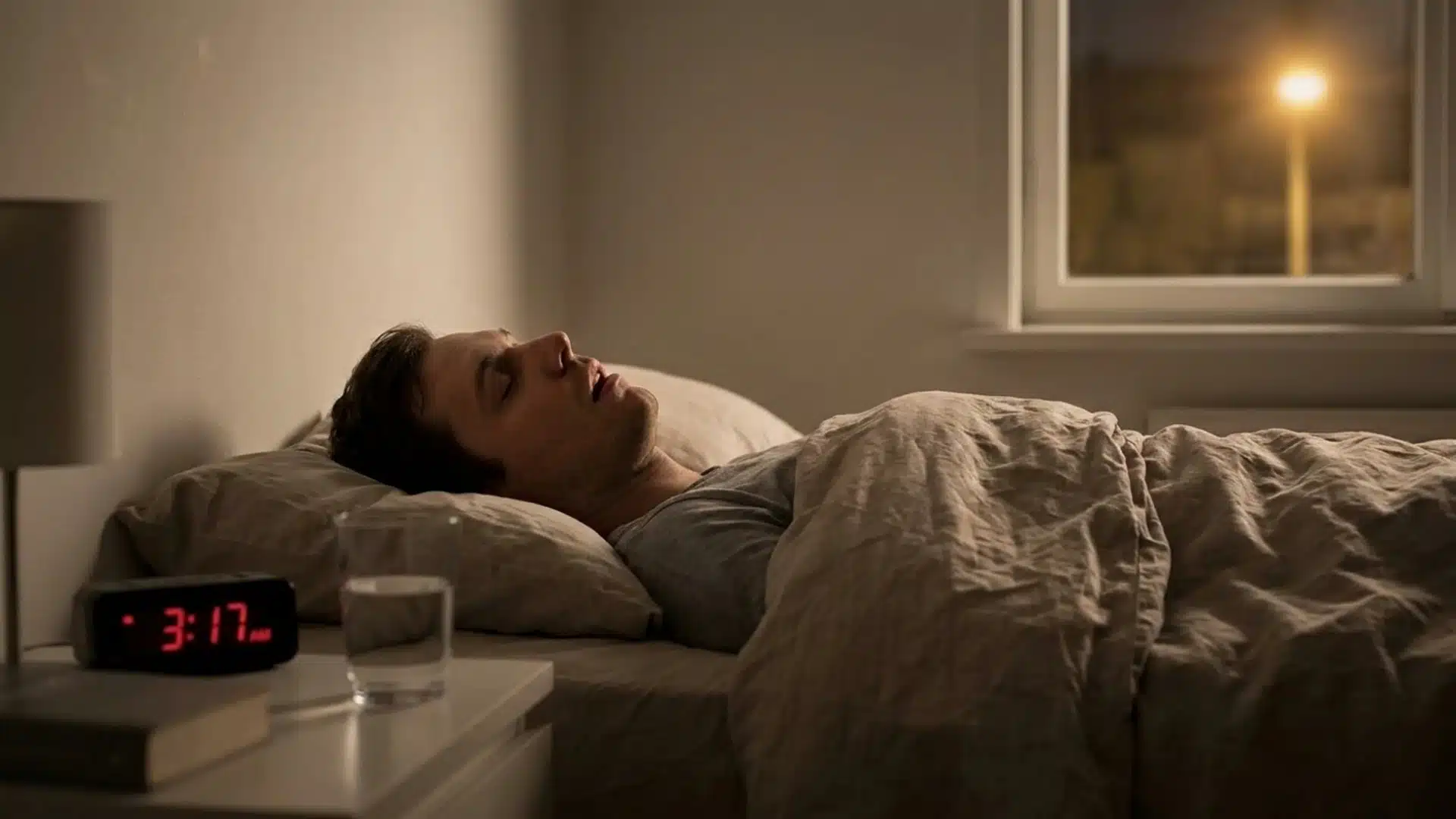 A man sleeps on his back with his mouth open in a dimly lit bedroom at night next to a digital alarm clock.