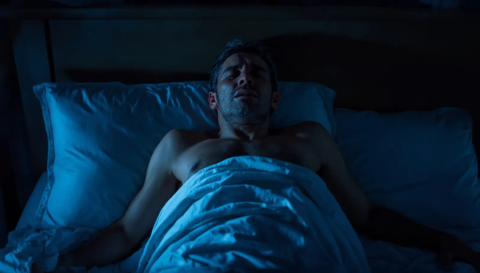 Man sitting upright in bed at night appearing distressed, sweaty and anxious during a sleep disturbance in a dark bedroom