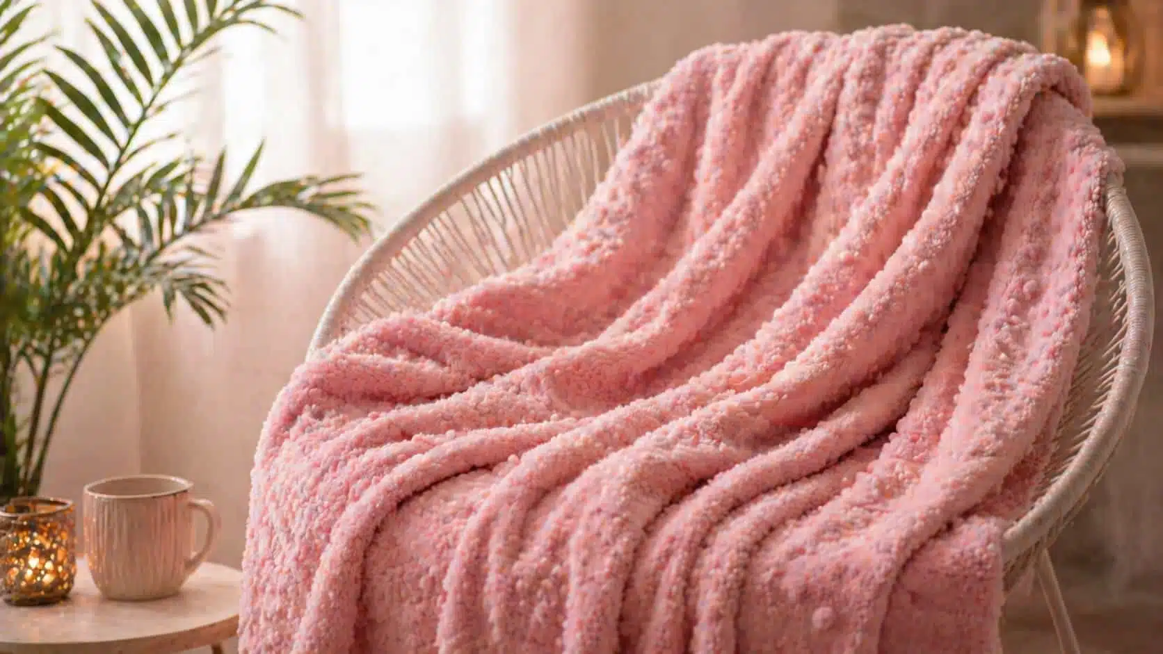 Soft pink minky blanket draped over a chair in a cozy, softly lit room with warm decor.