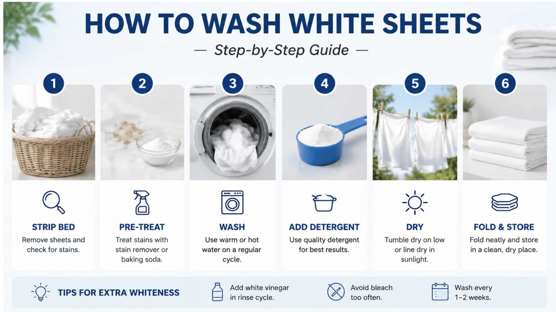 White sheets being washed in a machine with detergent and whitening boosters for a clean, fresh result
