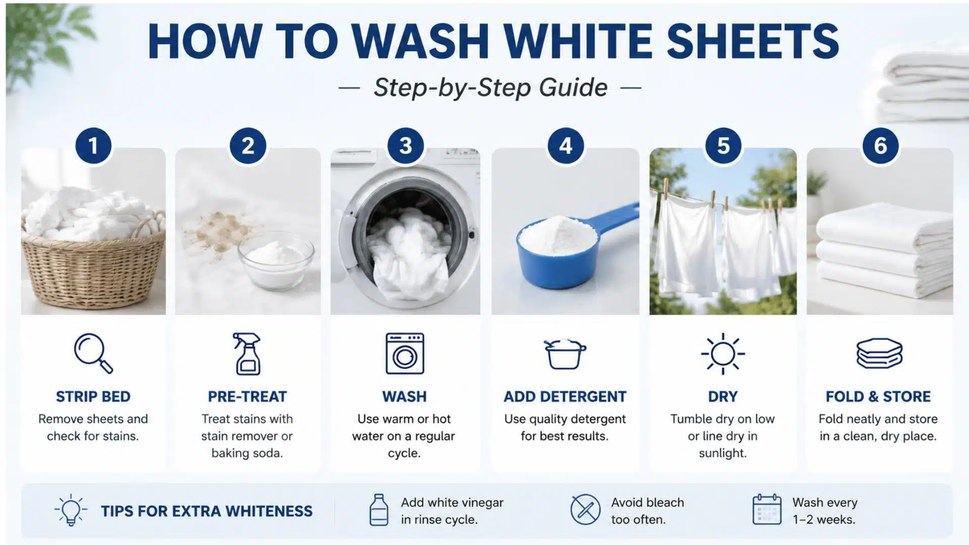 White sheets being washed in a machine with detergent and whitening boosters for a clean, fresh result