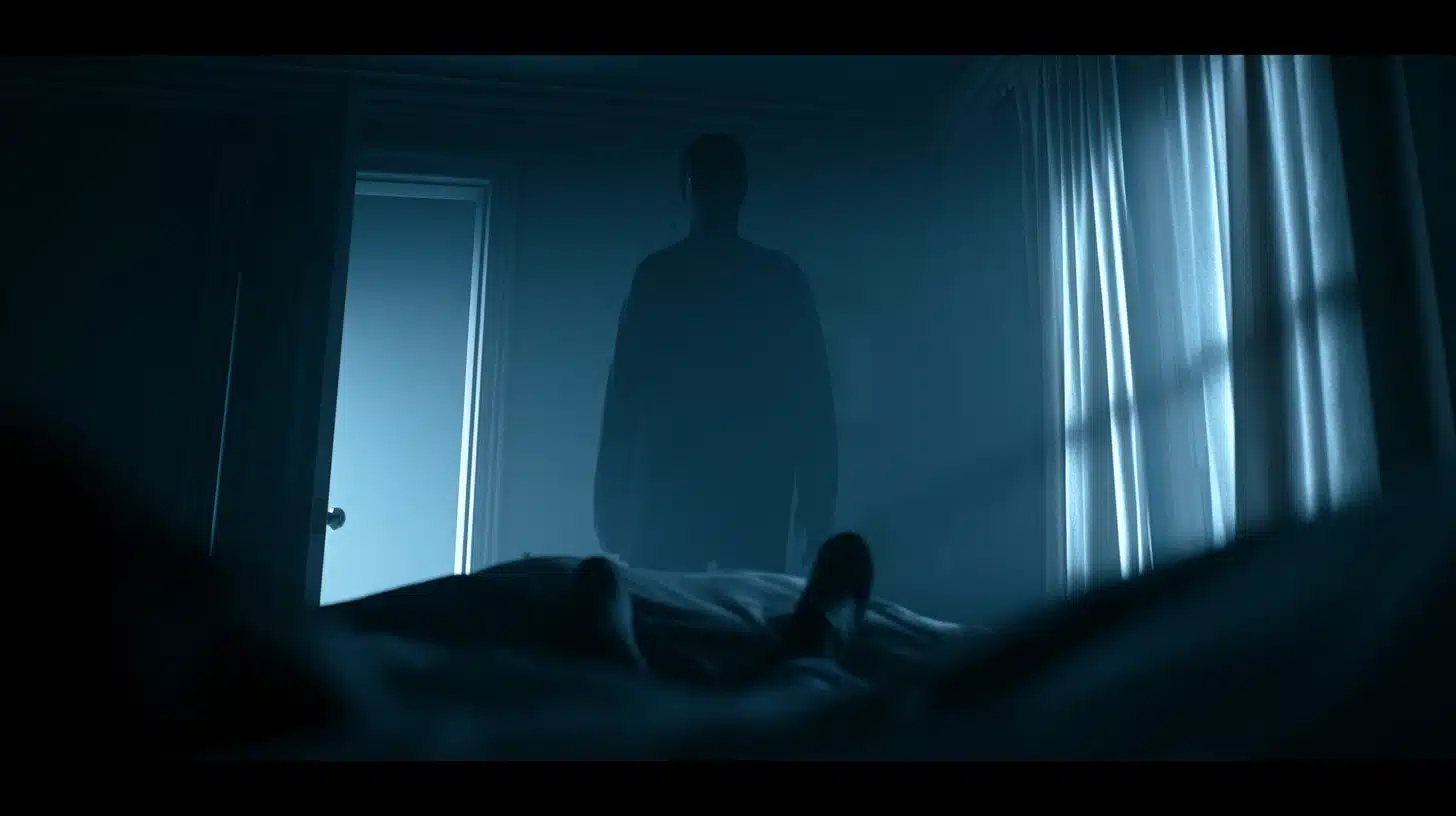 Dim bedroom at night, dark shadow humanoid near bed edge barely visible, sense of being watched