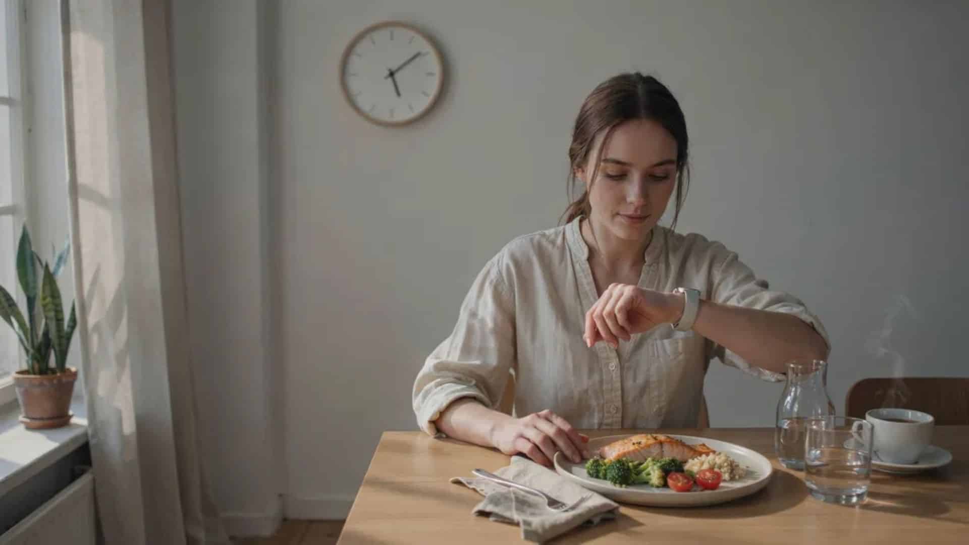 woman eating scheduled meal with coffee aside and checking time in calm kitchen setting