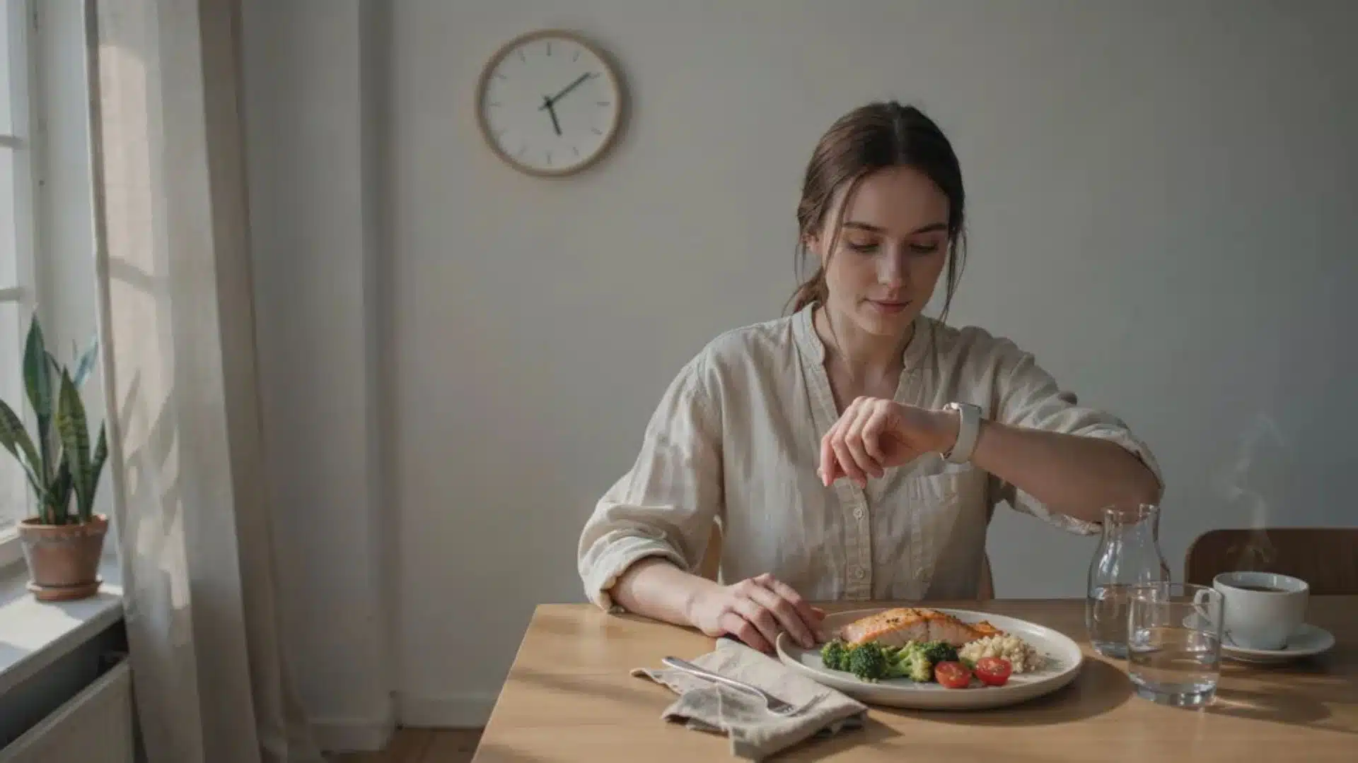 woman eating scheduled meal with coffee aside and checking time in calm kitchen setting