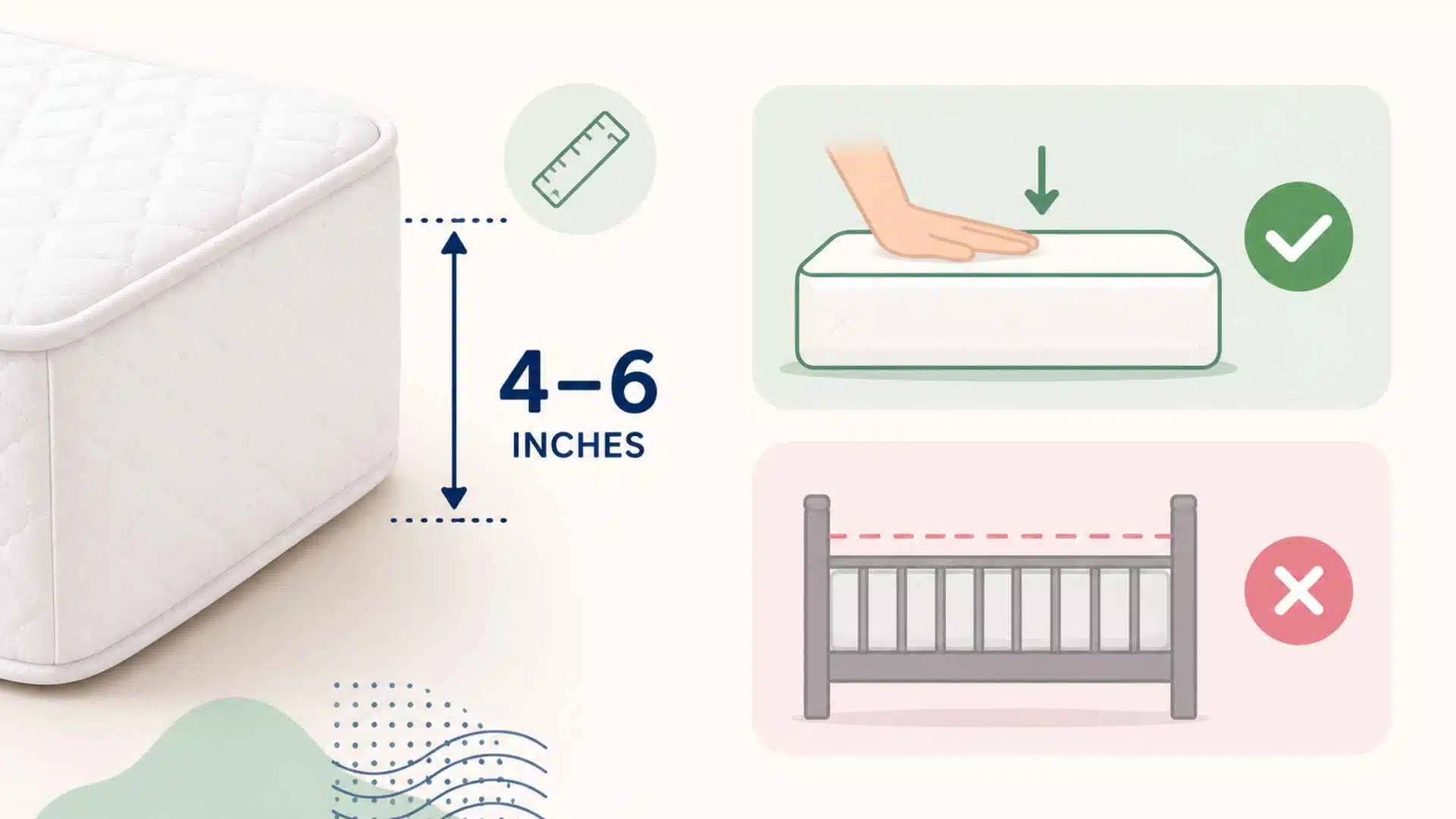 Toddler mattress thickness infographic showing a 4 to 6 inch mattress with firm surface illustration, support check icon, and guardrail height comparison.