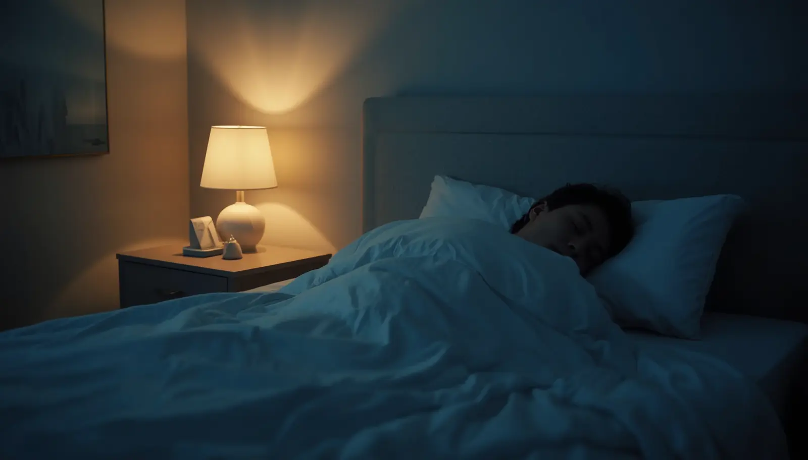 Person sleeping peacefully in a softly lit bedroom with warm bedside lamp showing calm sleep environment and restful sleep