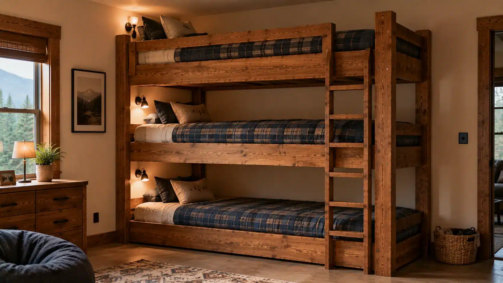 Triple wooden bunk bed designed for three sleepers in one room