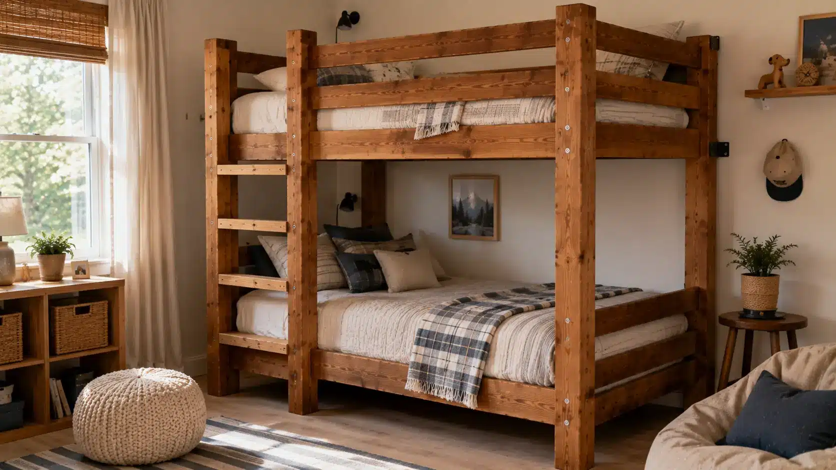 Twin over twin wooden bunk bed in a modern shared kids bedroom
