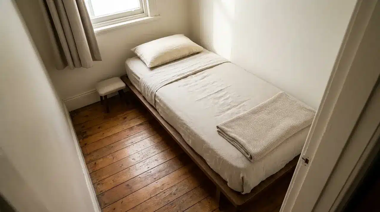 Small single bed in a narrow room with white bedding, folded blanket, wood floor, window, curtain, and small stool.