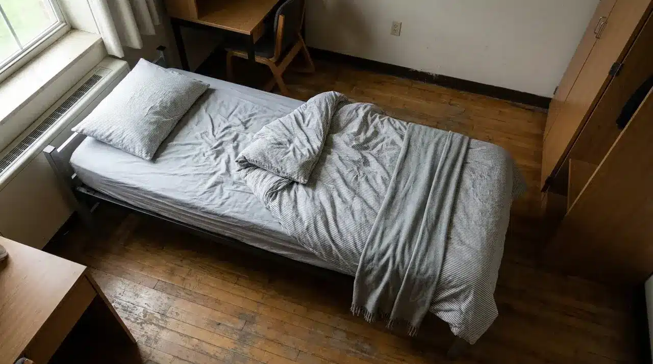 Minimal Twin XL mattress in a compact dorm-style bedroom with gray bedding and wooden floor