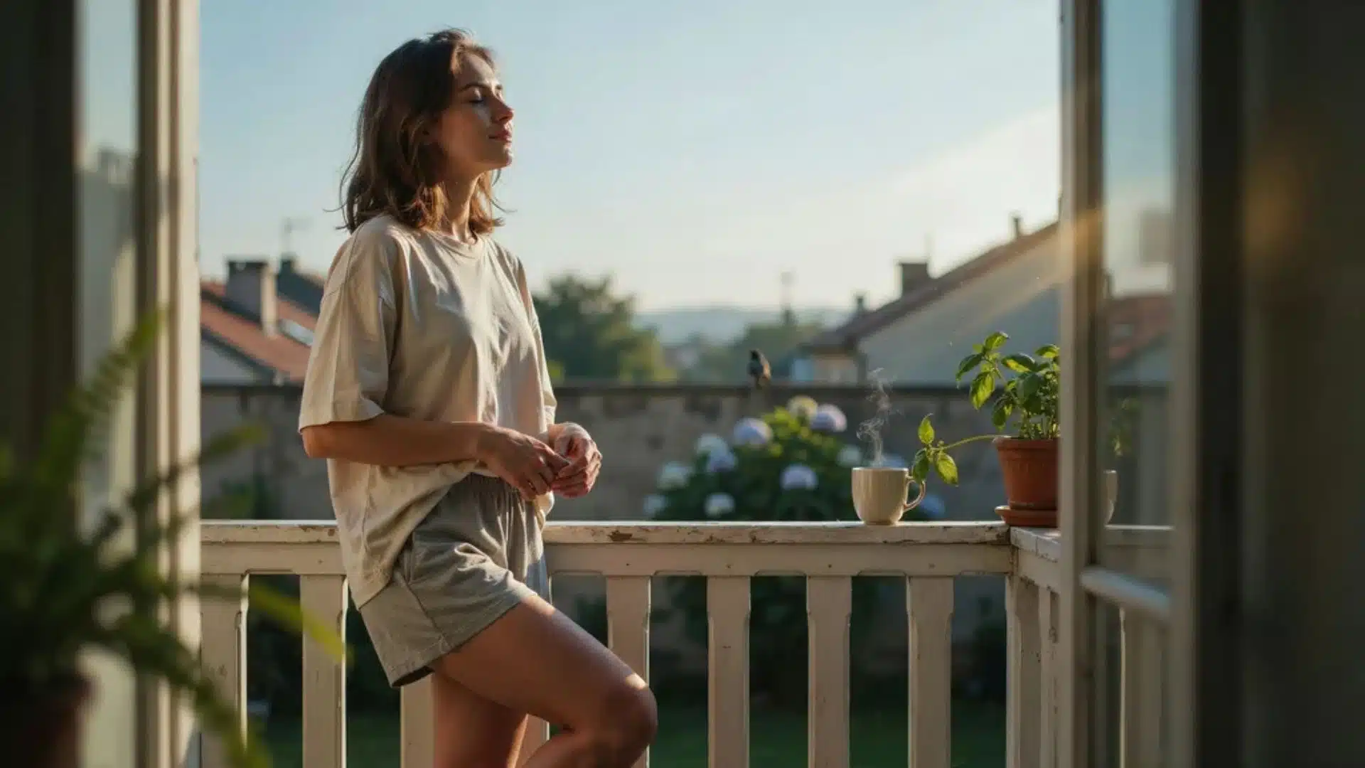 woman standing in morning sunlight near window feeling calm and refreshed outdoors