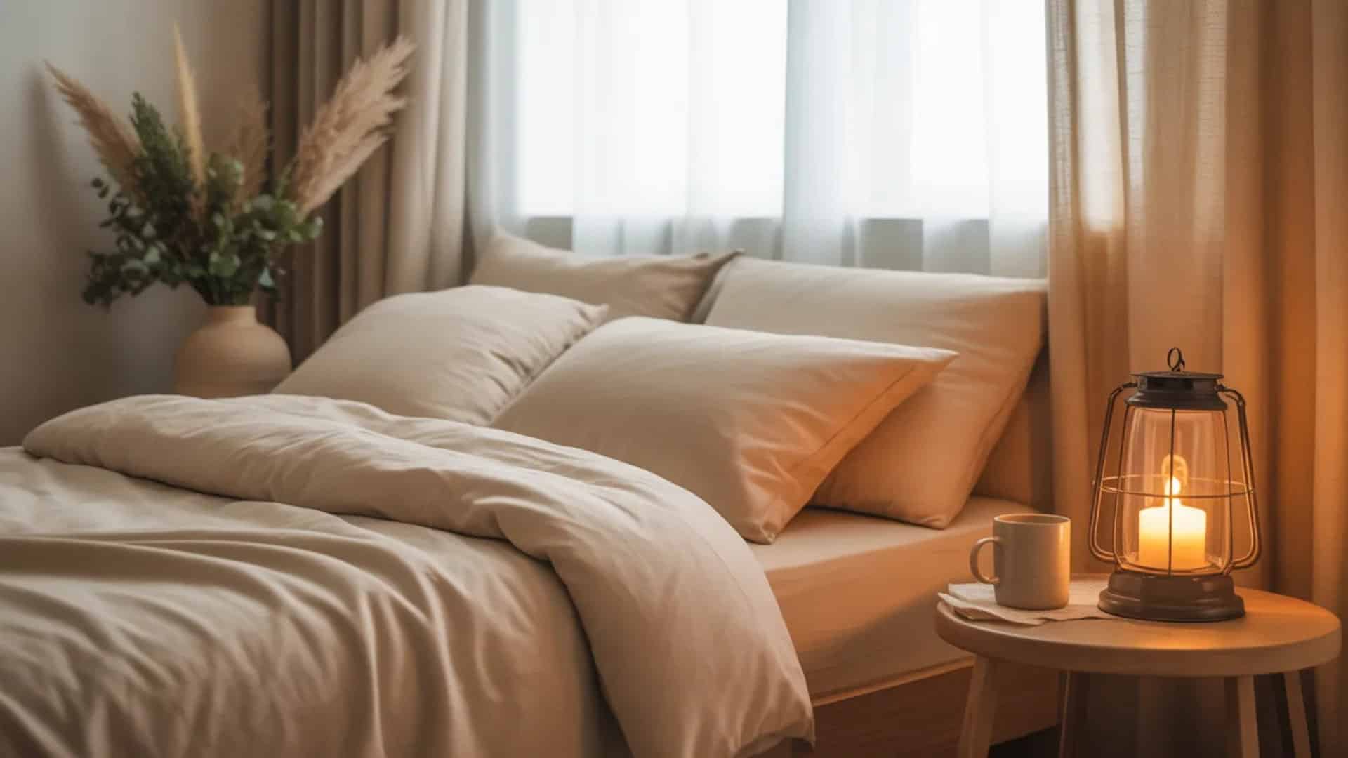 Warm bedroom scene with raised pillows, soft bedding, lantern light, and tea cup