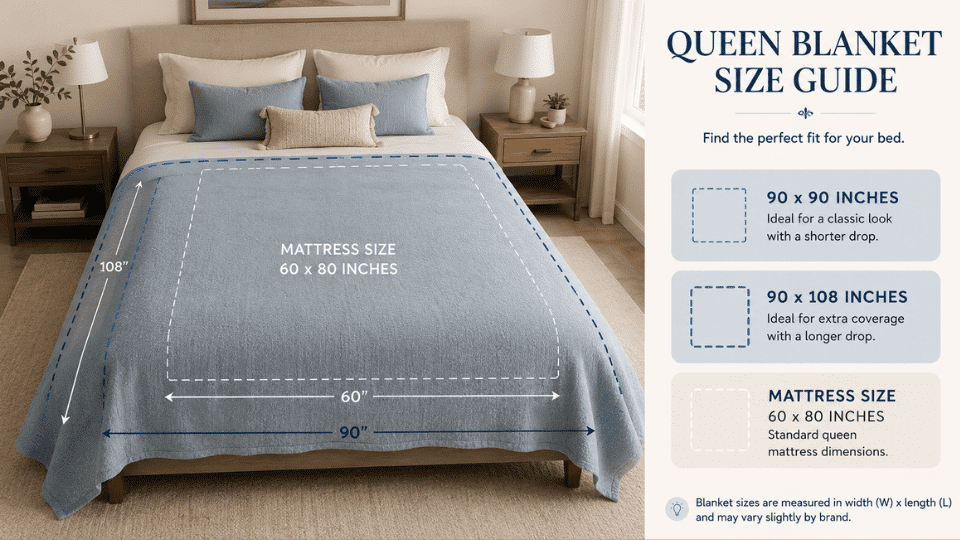 Queen bed with blanket overlay showing 90x90 and 90x108 inch sizes plus 60x80 inch mattress