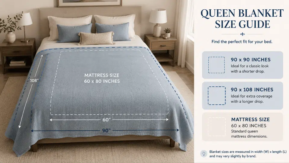 Queen bed with blanket overlay showing 90x90 and 90x108 inch sizes plus 60x80 inch mattress