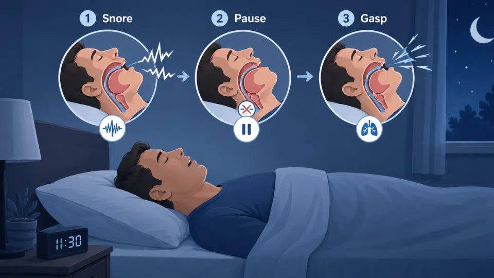 Medical illustration showing sleep apnea cycle during sleep: loud snoring, breathing pause, blocked airway, and gasping.