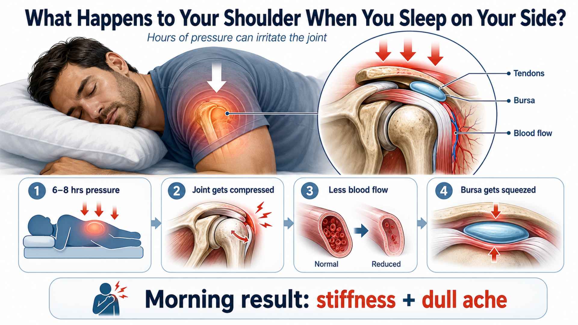 Infographic showing side sleeping compresses shoulder, reduces blood flow, and irritates bursa.